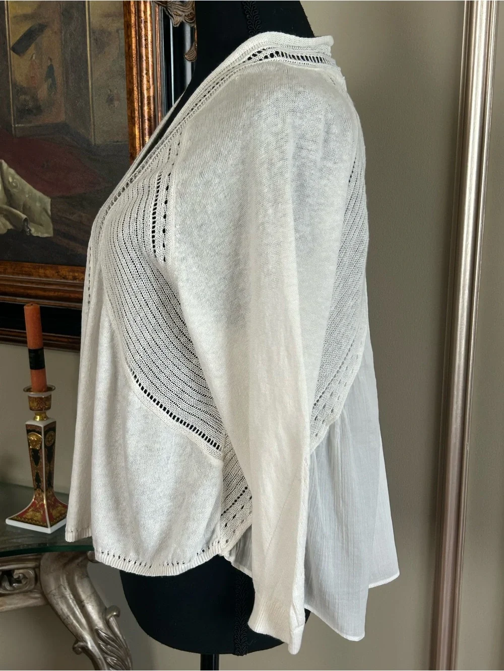 Knitted & Knotted Anthropologie Linen Cotton Open Front Cardigan Ivory Boho XL